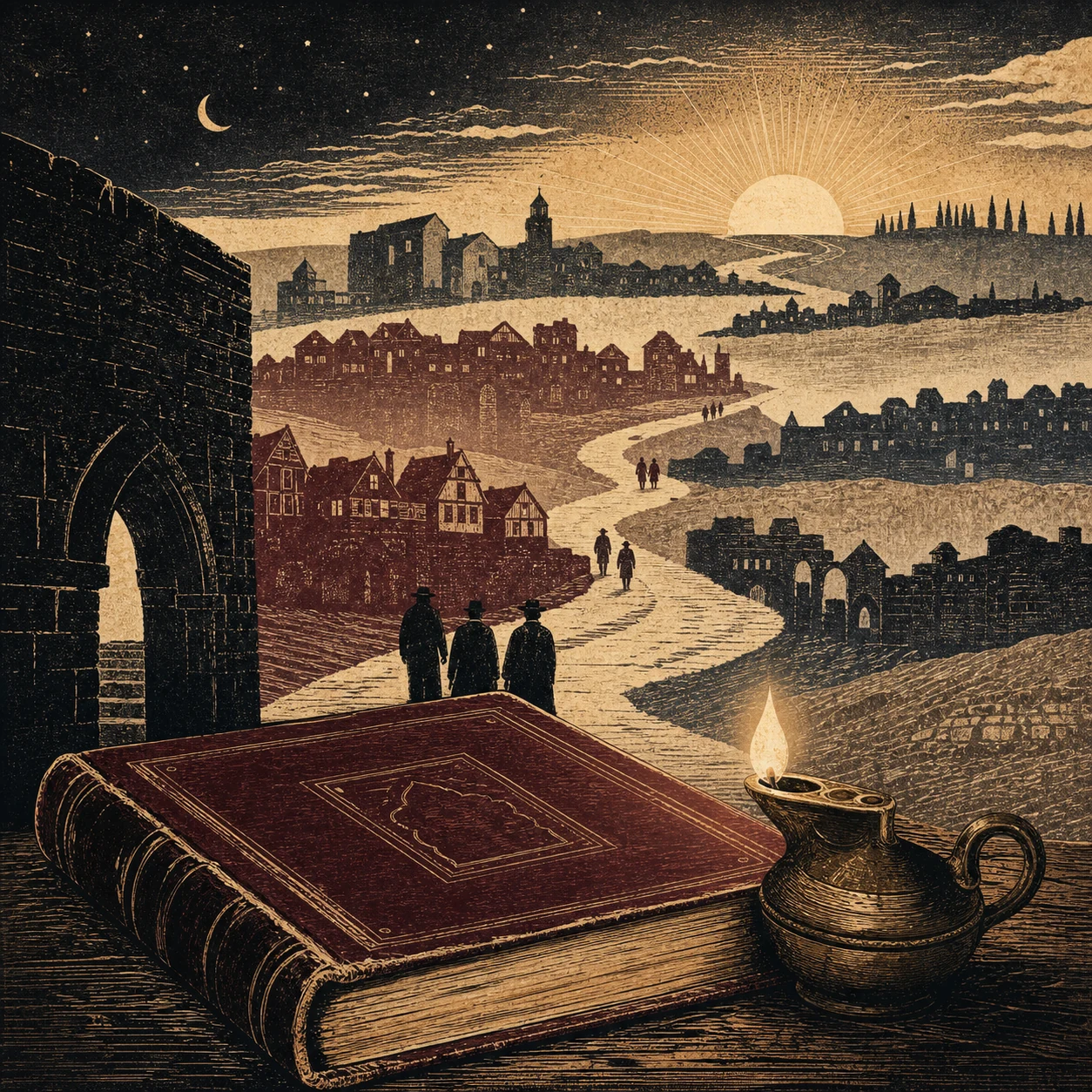 An illustrated sefer and lamp before a road passing through towns toward dawn.