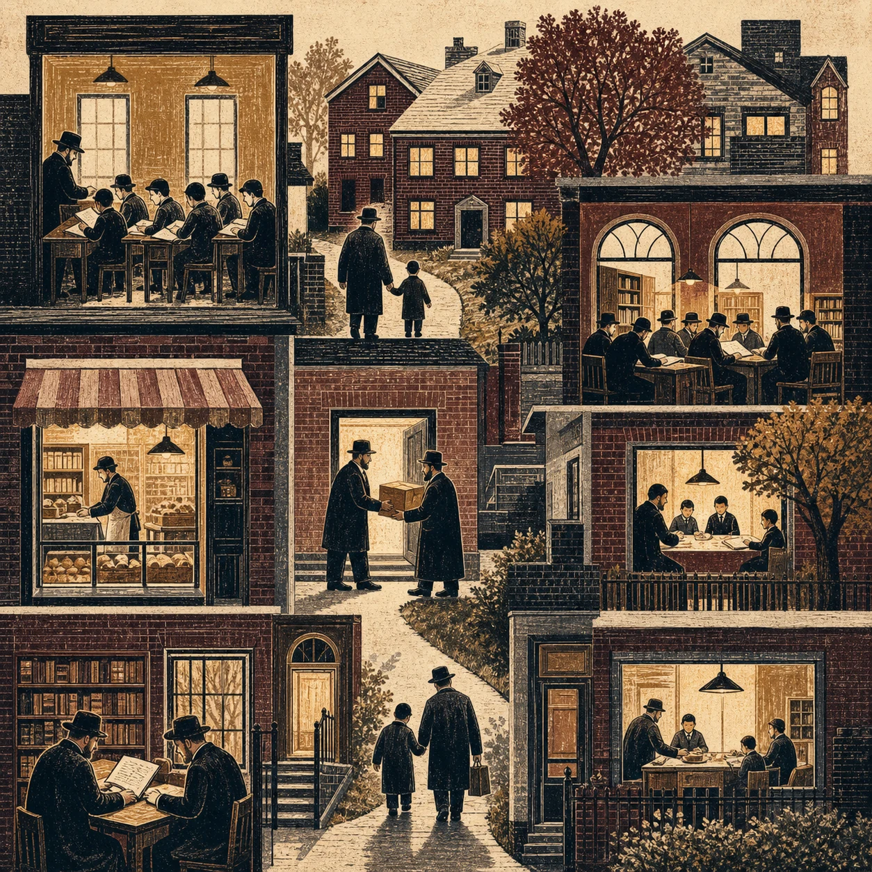 An illustrated neighborhood connecting homes, schools, prayer, work, and charity.