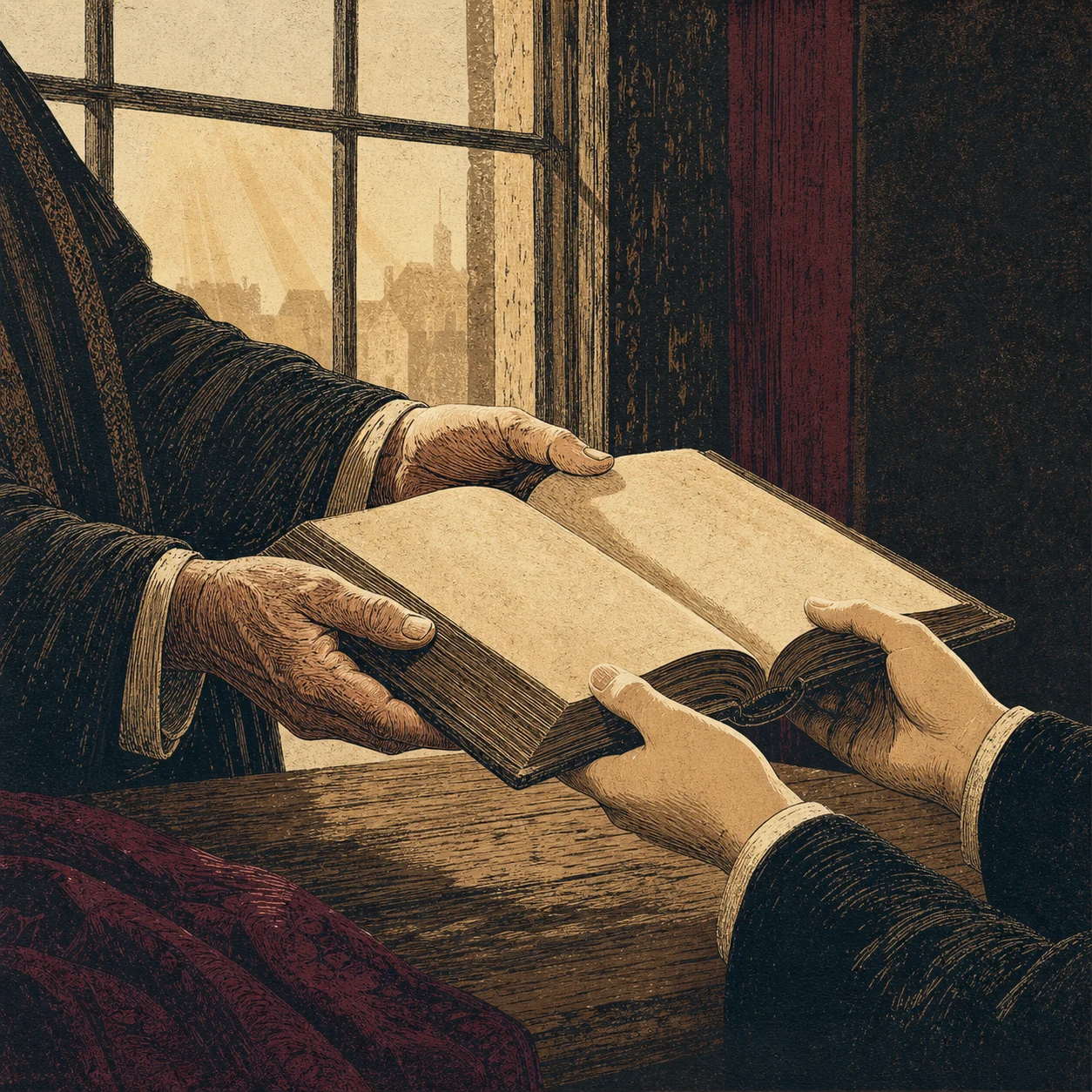 An editorial print illustration of an older pair of hands passing an open sefer to younger hands at dawn.